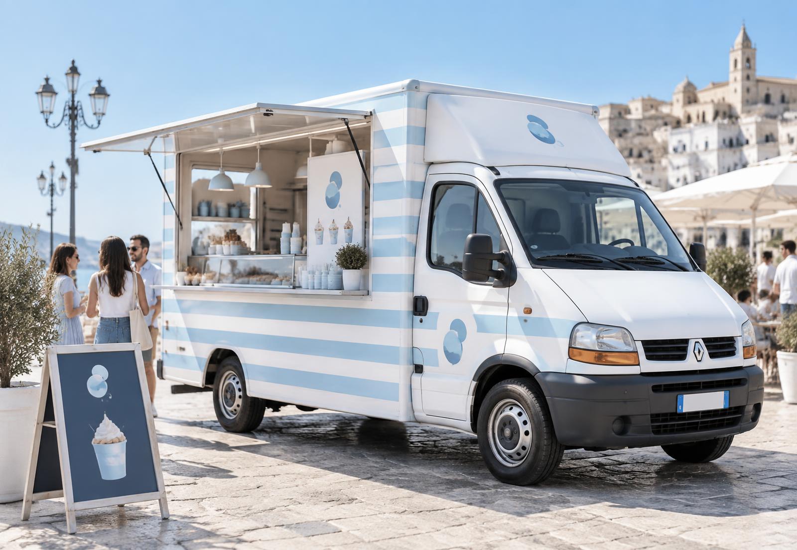 Food truck BON BOOM bianco con righe azzurre